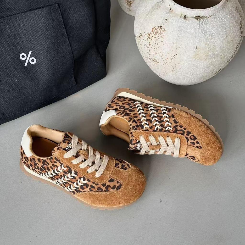 Leather Leopard Print German Training Shoes Women's 2025 Autumn and Winter New Thick-soled Velvet Retro Versatile Casual Sports Forrest Gump Shoes