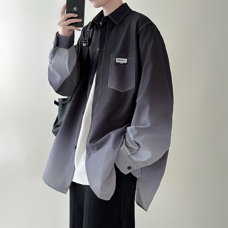 Men's Shirt Gradient Plicated Long Sleeve Shirts Loose Korean Shirt Fashion Casual Oversize Shirt Coat High Quality Clothing