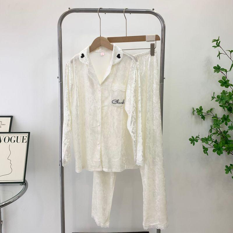 

Minimalist Casual Autumn and Winter Corduroy Pajamas Women s Long Sleeves Pants Spring Plaid Pajamas Home Wear Can Be Outwear White XL