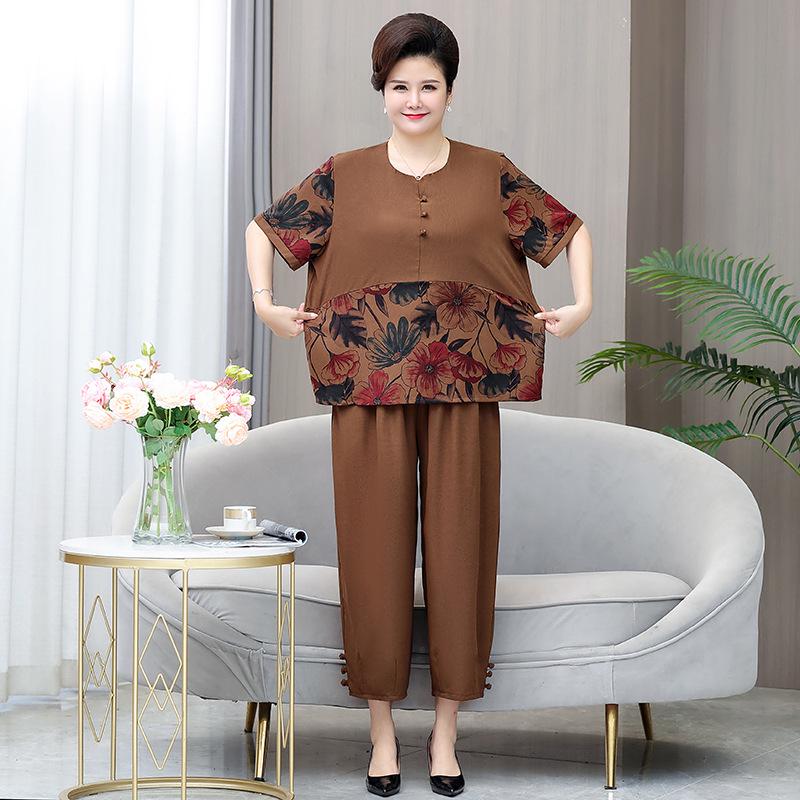 Set de vară cu mânecă scurtă pentru femei de vârstă mijlocie și în vârstă - ținută lejeră de slăbire din două piese