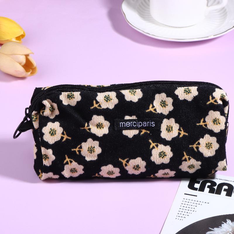 Vintage Corduroy Federmäppchen Retro Blumenmuster Federtasche Große Kapazität Schreibwaren Tasche Für Schüler Büro Make-up Aufbewahrung