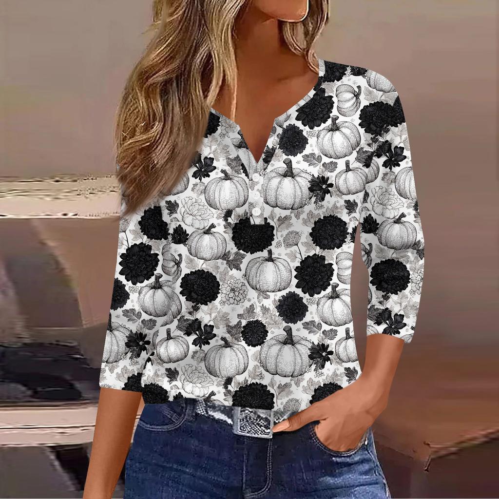 3/4 Ärmel Damen Tops Halloween Print Vintage Mode Lässig Locker Mit V-Ausschnitt Übergröße Shirts