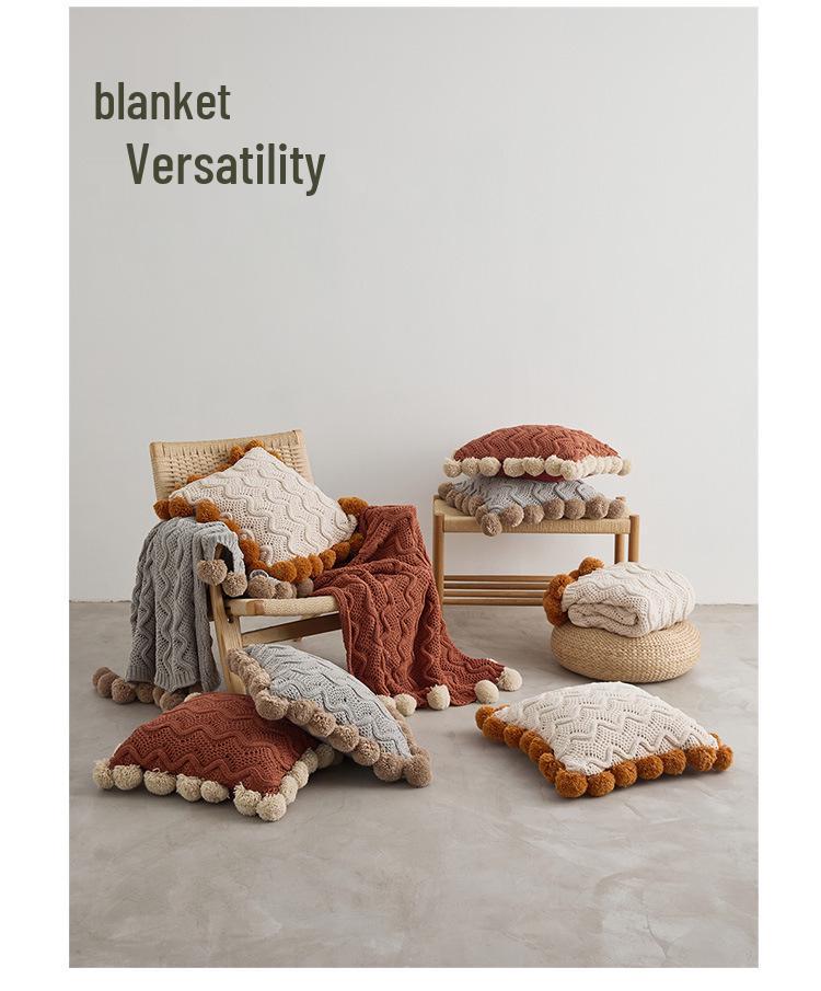 Ruijing Four Seasons Nordic Pom-Pom Chenille Knit Blanket & Cushion Set