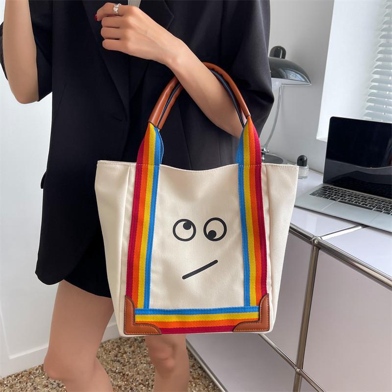 Large Capacity Canvas Tote Bag Cute Smiley Face Print Fresh And Sweet Style