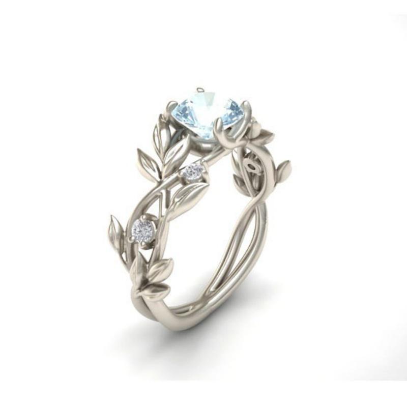 New Women's Silver Plated Olive Leaf Engagement Ring with Blue Pink Green Cubic Zirconia Wedding Band Jewelry