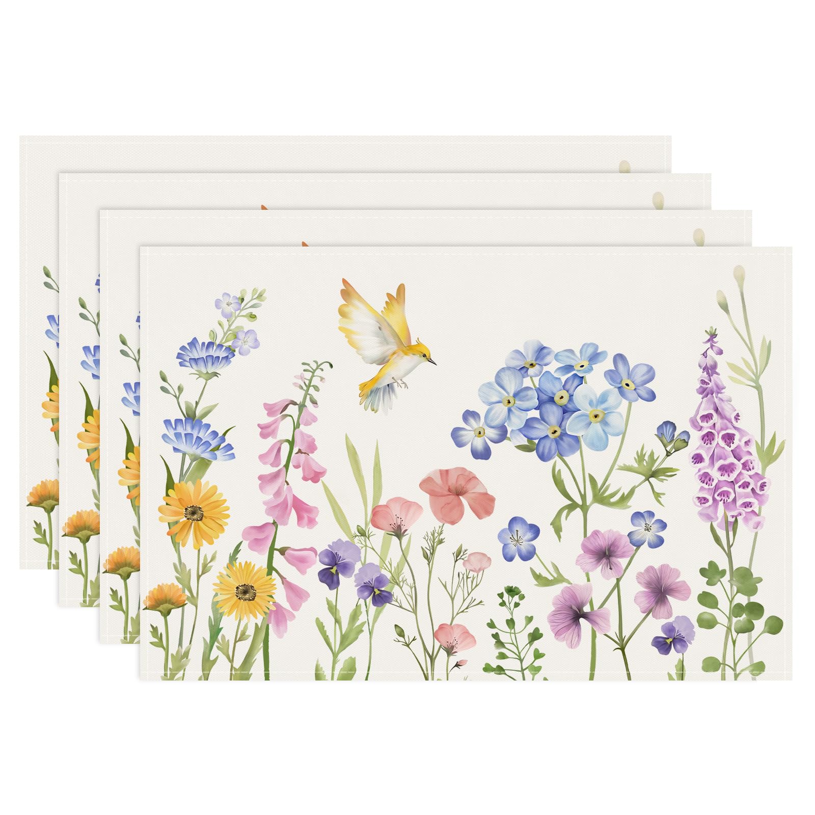 

Spring Floral Placemats Set of 4, 12x18 Inch Garden Flowers Birds Seasonal Summer Kitchen Dining Table Mats Washable Place Mats 4Pcs