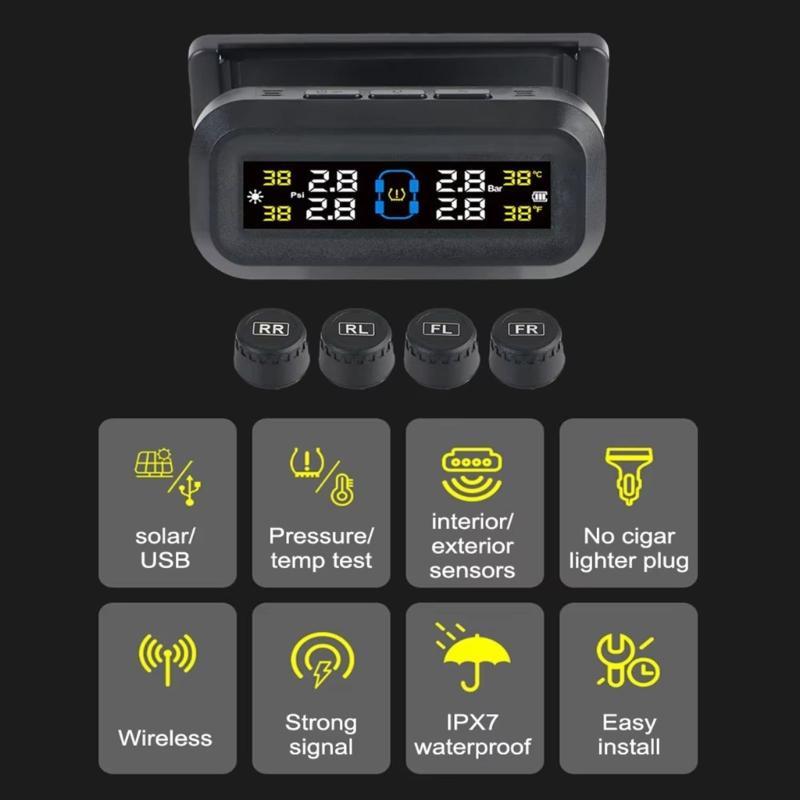 Wireless Tire Pressure Monitoring System (TPMS) for Small Size 4-tire Vehicles,Include 4 Sensors,USB Solar Power