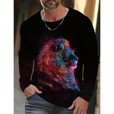 Men Spring Autumn Lion Animal T Shirts Round Neck Long Sleeves Top Men's Sport Wear Plus Size Vintage 3d Print T Shirt