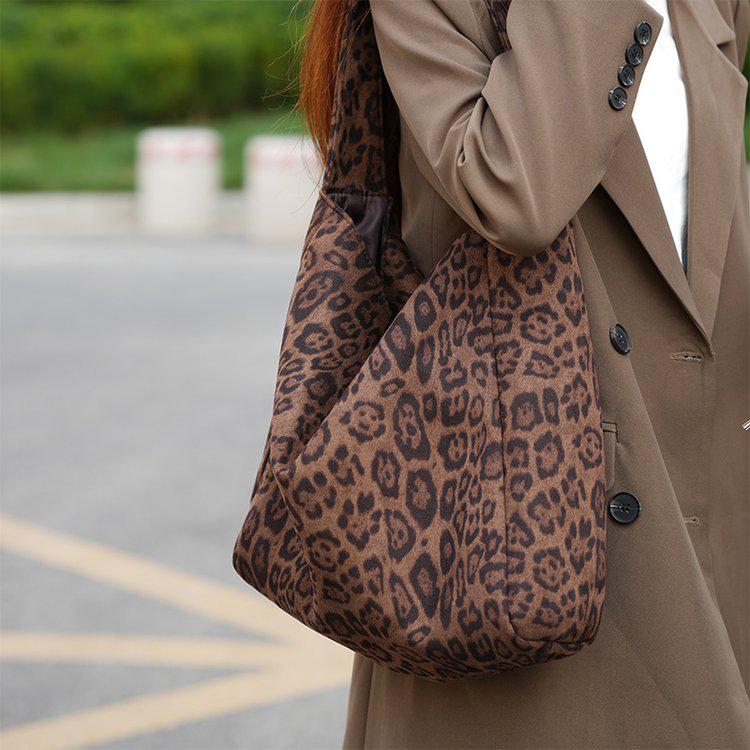 Korean Leopard Print Canvas Tote Bag - Autumn/Winter Casual, Large Capacity, Lazy Style Shoulder Bag