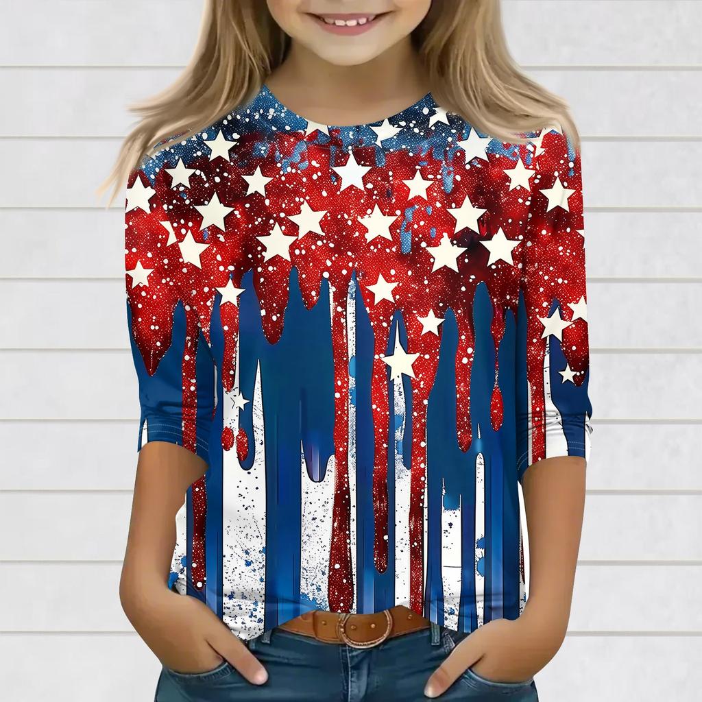Print Tops For Youth Girls 3-10 Years Round Neck 3/4 Sleeves T-Shirts Trendy Tops Outfit Tees