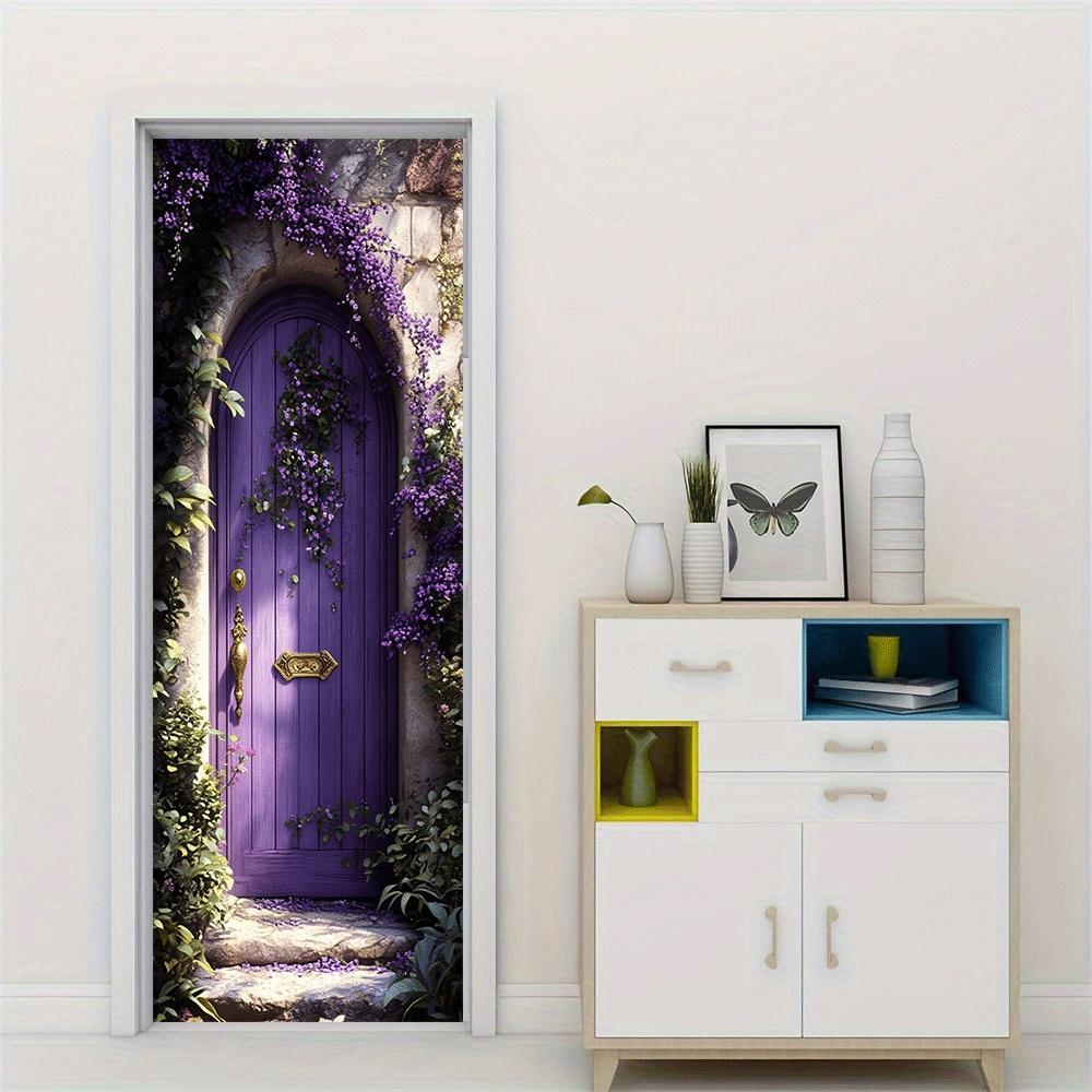 2pcs Dreamy Purple Magic Door Wall Sticker Self-adhesive Removable Fairy Tale Style Home Wall Sticker Vine Flower Pattern Art Ba