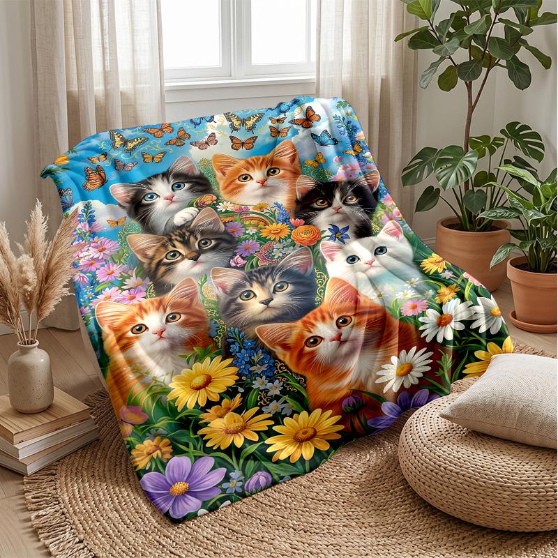 Butterflies and Kittens Garden blanket Personalized Name Flannel Blanket Soft Cozy Plush Throw for Sofa Bed Lightweight Home Decor