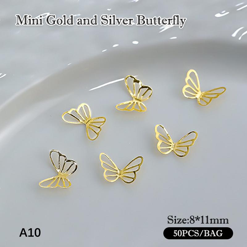 50 Pièces Alliage Creux Papillon Décoration Nail Art Or Argent Métal Charms Papillon pour Ongles DIY Saint-Valentin Pièces Papillon