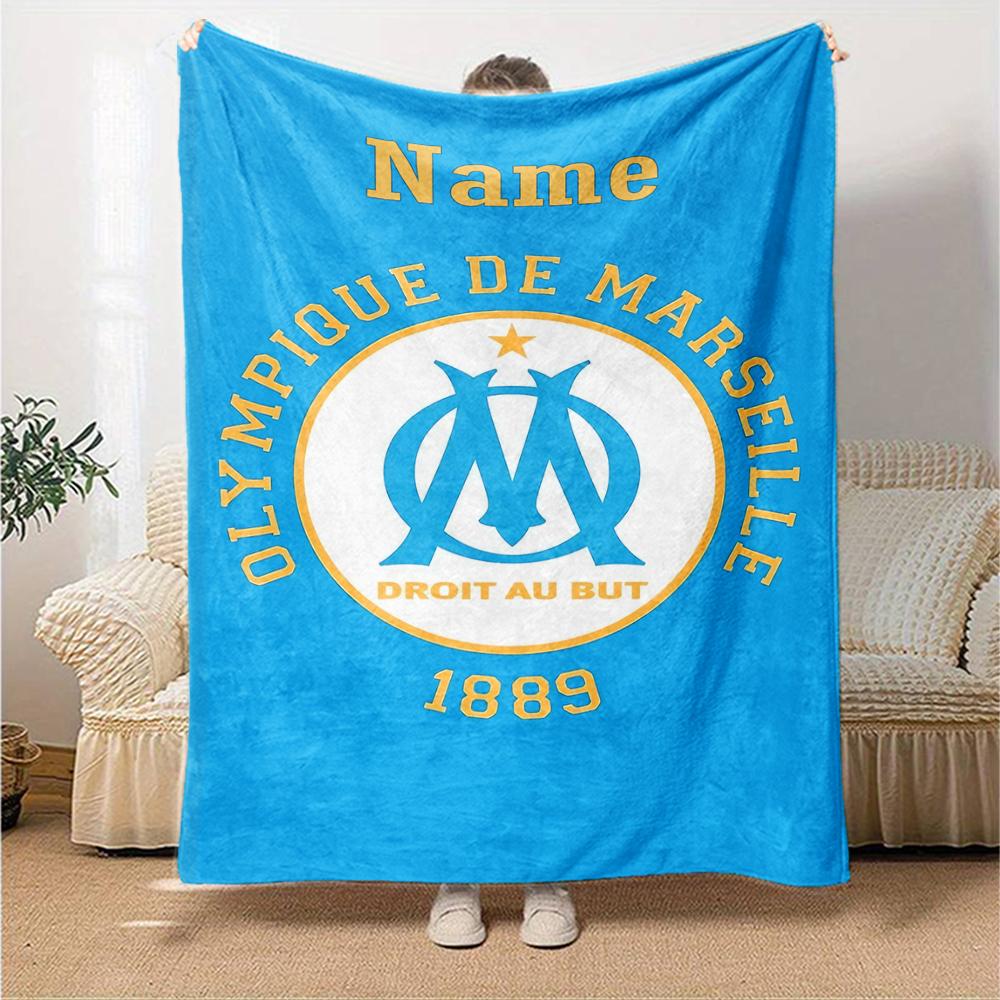 Custom Name Olympique de Marseille Theme Printed Blanket - Perfect for Couch, Bed, Travel & Outdoor Use | Machine Washable, Cozy & Durable.