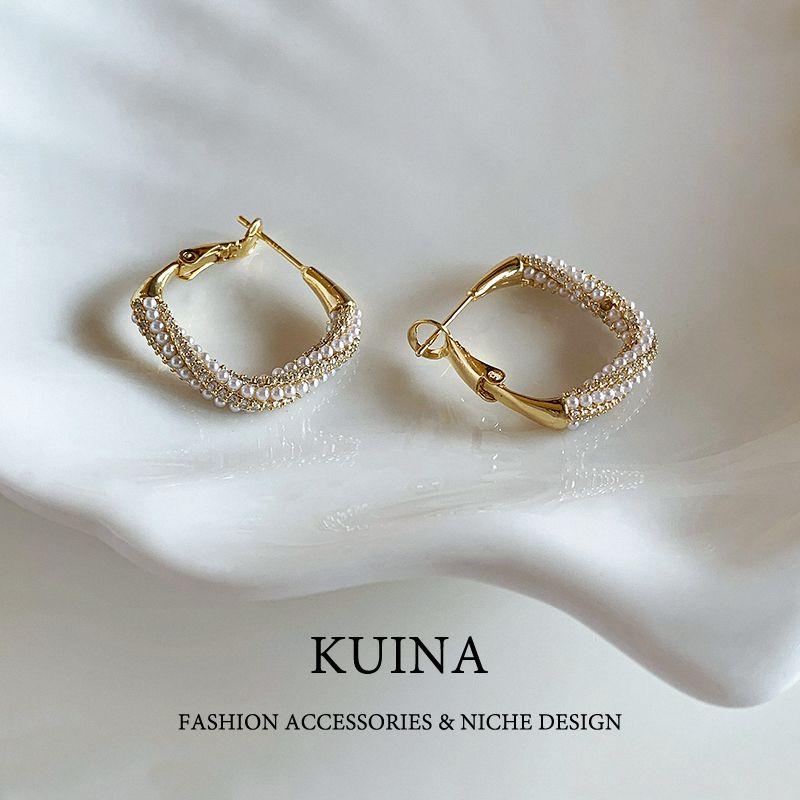 

Unique Pearl Earrings Hoop Fancy Elegant Gold Square Earclip Earrings Female Sterling Silver Needle Niche Ear Jewelry