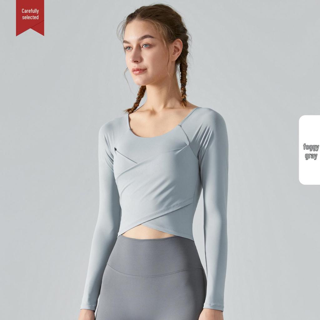 Autumn/Winter Slimming Yoga Top with Built-in Bra and Cross-Pleated Design - Long Sleeve Fitness Wear for Women