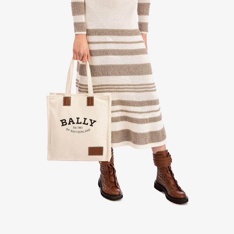Bally Crystalia Hong Kong Style Logo Print Detail Fabric Tote Bag Unisex Tote Bags Natural Brown 6236963