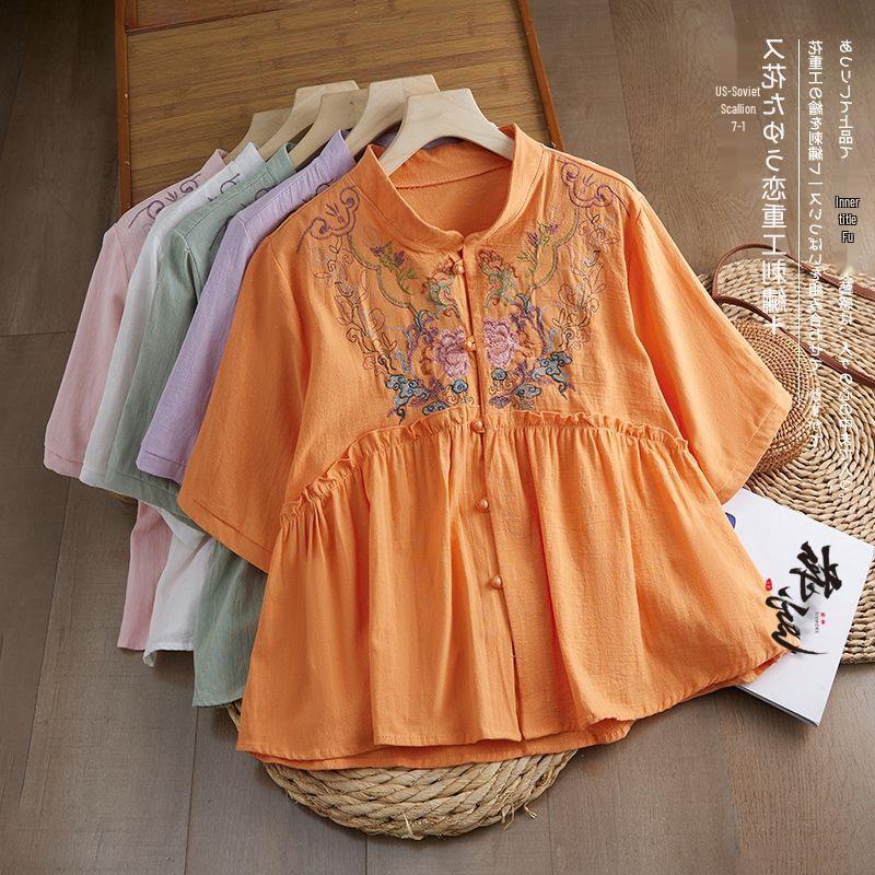 2026 Retro Embroidered Cotton Linen Shirt - Loose Fit with Frog Buttons