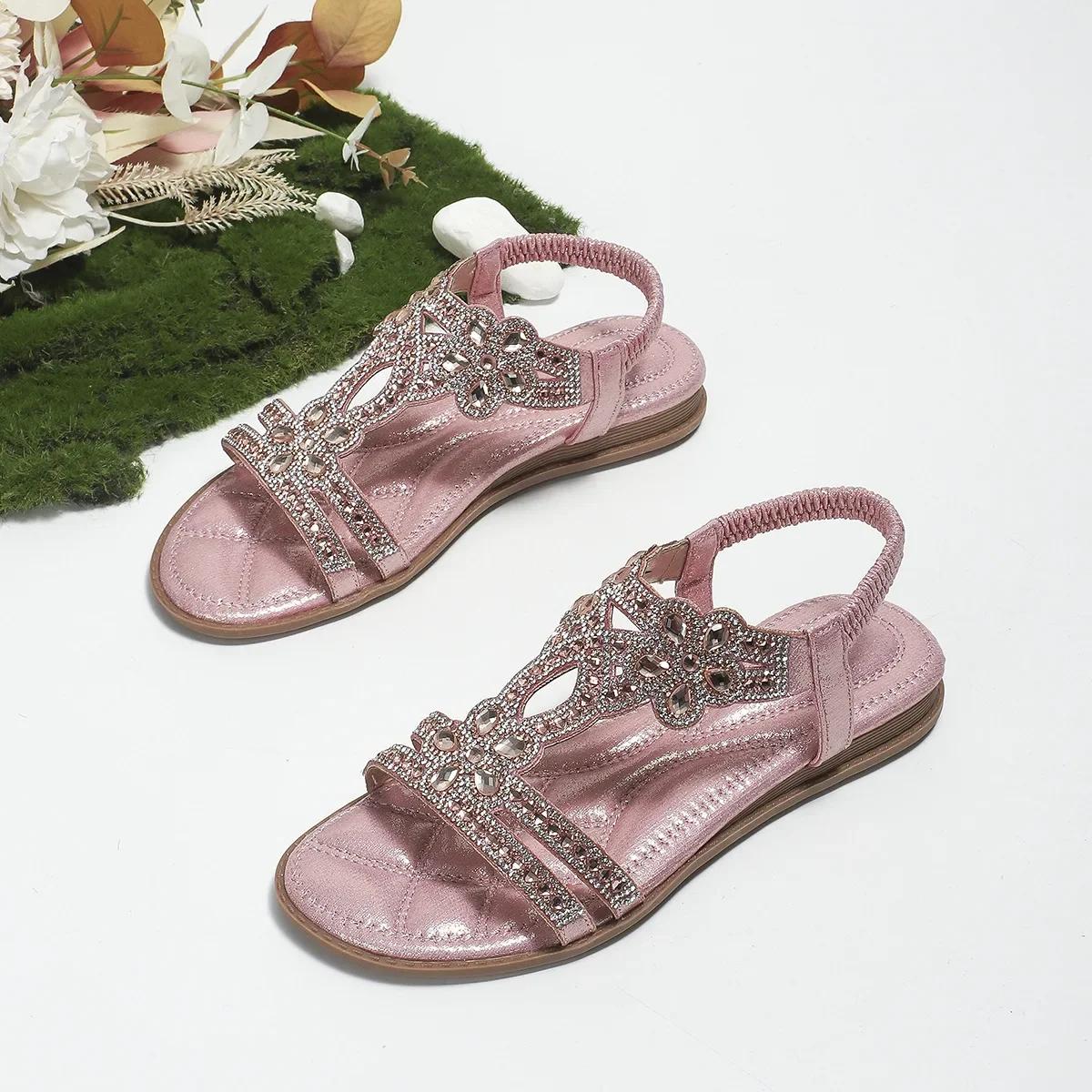 

Fashion Women Flat Rhinestone Sandals Bohemian Sandals Summer New Non Slip BeachElastic Low Heels Roman Sandals Sandalias Mujer 43