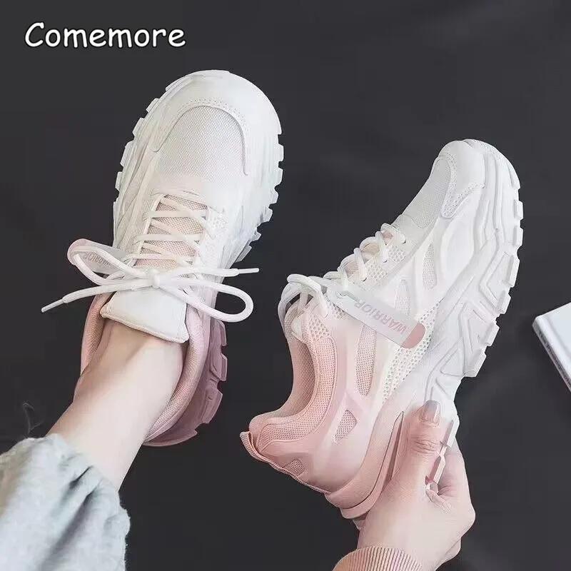 Fashion Comemore Thick Bottom Shoes Women 2025 Autumn Thick Mesh Breathable New Casual Gradient White Shoe Women's Sneakers Running Pink