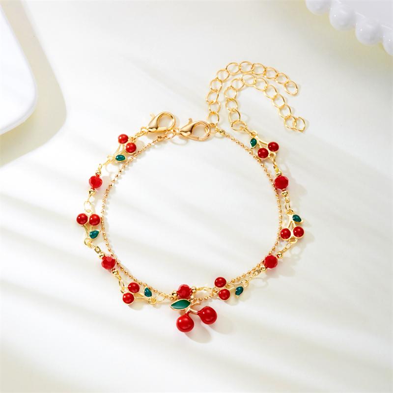 Sweet Cute Red Strawberry Cherry Bracelet for Women Girl Handmade Imitation Pearl Heart Pendant Bracelet Friendship Jewelry Gift