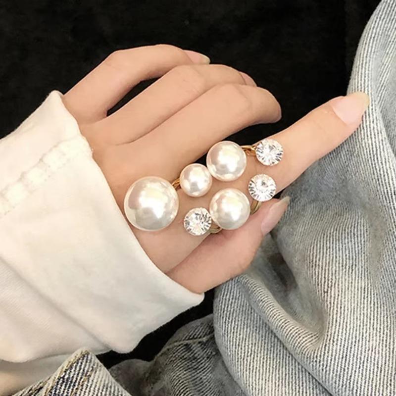 Übertriebener zweilagiger Perlenring Nischen-Design Unregelmäßig mit Diamanten besetzter offener Ring Modischer Schmuck für Damen Geschenk