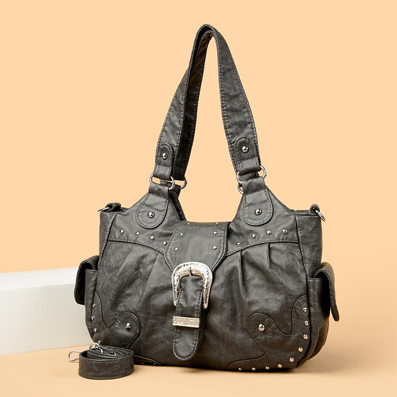 Stilvolle Lederhandtasche mit silbernen Nieten und Metallschnalle Damen Hohe Kapazität Vintage Weiches Leder Damen Lässige Schulter-Umhängetasche Reise