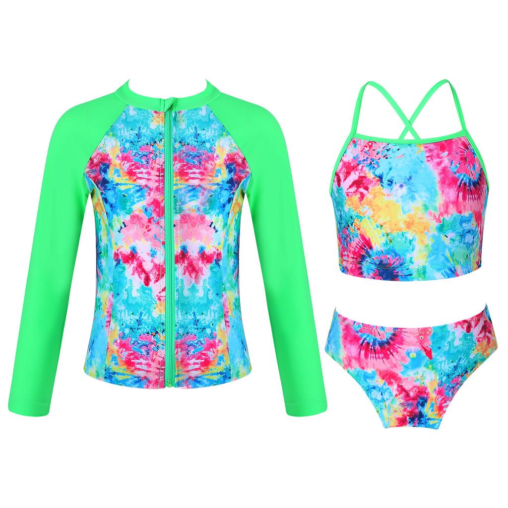 Girls 3 Piece Swim Set Sleeveless Top Briefs Long Sleeve Coat Front Zipper Sun Protection Beach Swimwear
