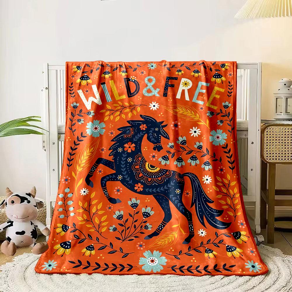

A dark horse with floral patterns surrounded by colorful leaves and flowers. for all seasons blanket lunch break throw gift 80cm x 120cm