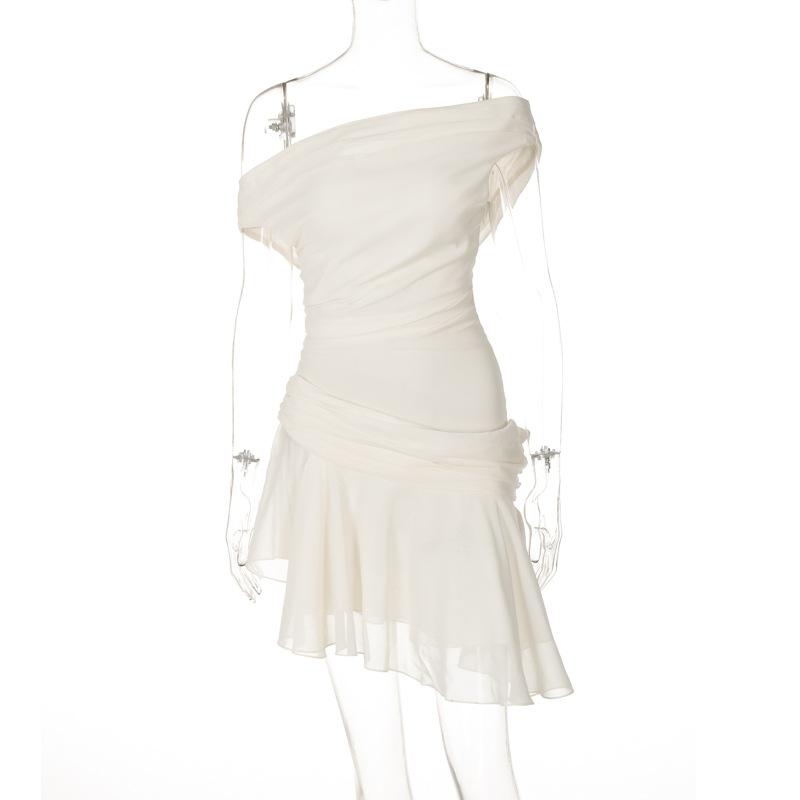 

Летнее однотонное платье без рукавов с открытыми плечами во французском стиле с утягивающим эффектом на талии, нестандартные платья L абрикосовый