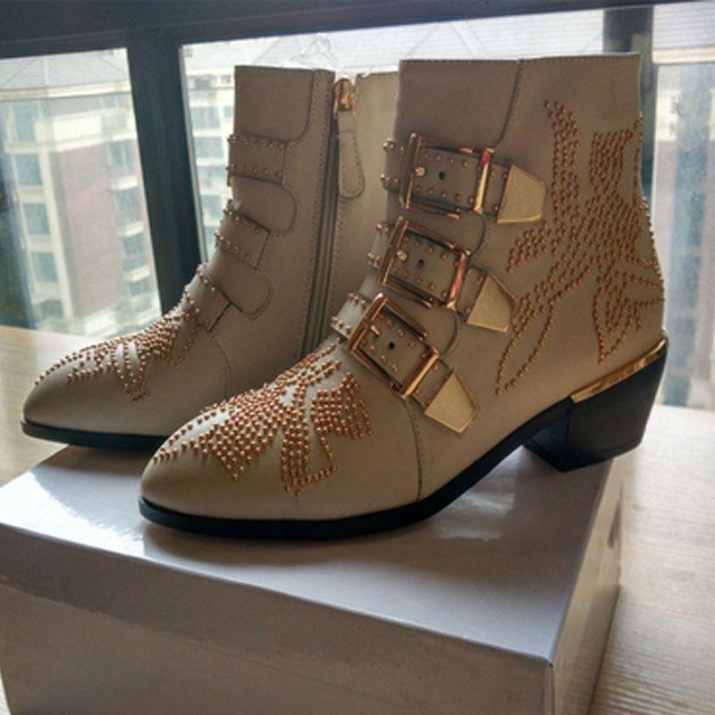 Fashion Brand Catwalk Rivet Cow Leather Short Boots Autumn Winter Retro Large35-45 Ankle Boots4cm Thick Heel Rock Night Club Women Shoes