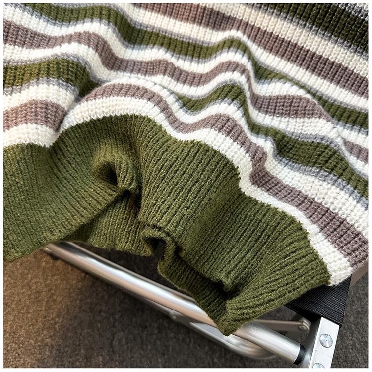 Men's Japanese Retro Striped Sweater - Thick Knit, Round Neck, Loose Fit for Autumn/Winter