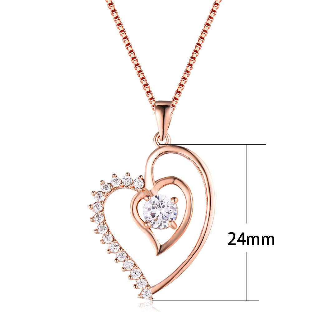 Versatile Japanese and Korean Silver Rose Gold White Diamond + Double Love Women's Necklace