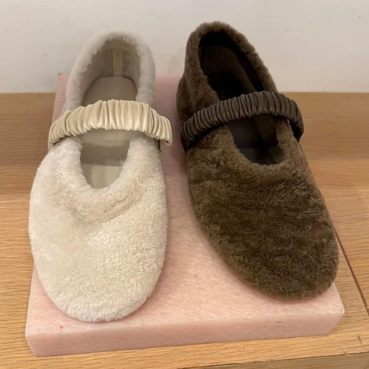 Sheepskin Version~ Gentle Wind Round Head Shallow Mouth Flat Bottom One Word with Mary Jane Shoes Fluffy Shoes Women's Winter Cotton Shoes Single Shoe