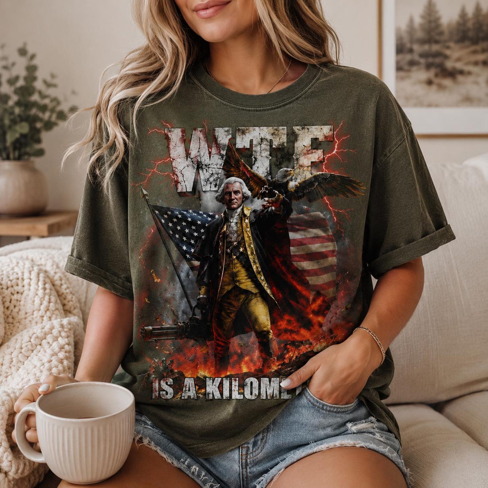 WTF Is A Kilometer Shirt, Patriotic George Washington Eagle Graphic Tee S