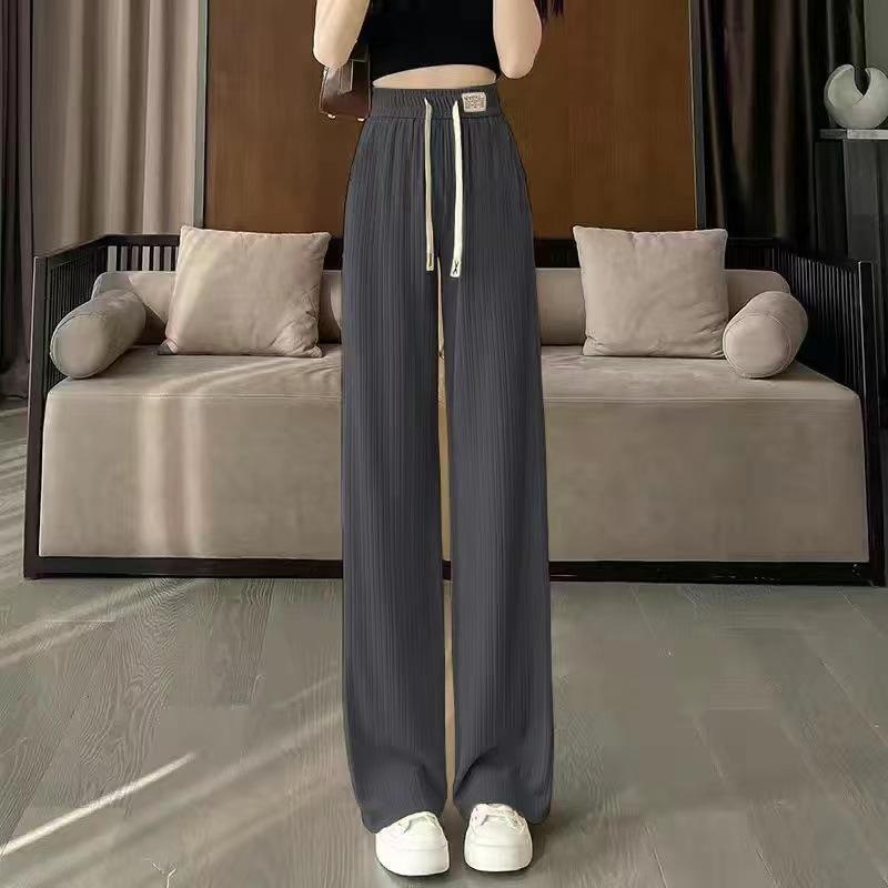 Women's Elastic Waist Wide Leg Pants Straight Leg Trousers Ribbed Ice Silk Casual Pants