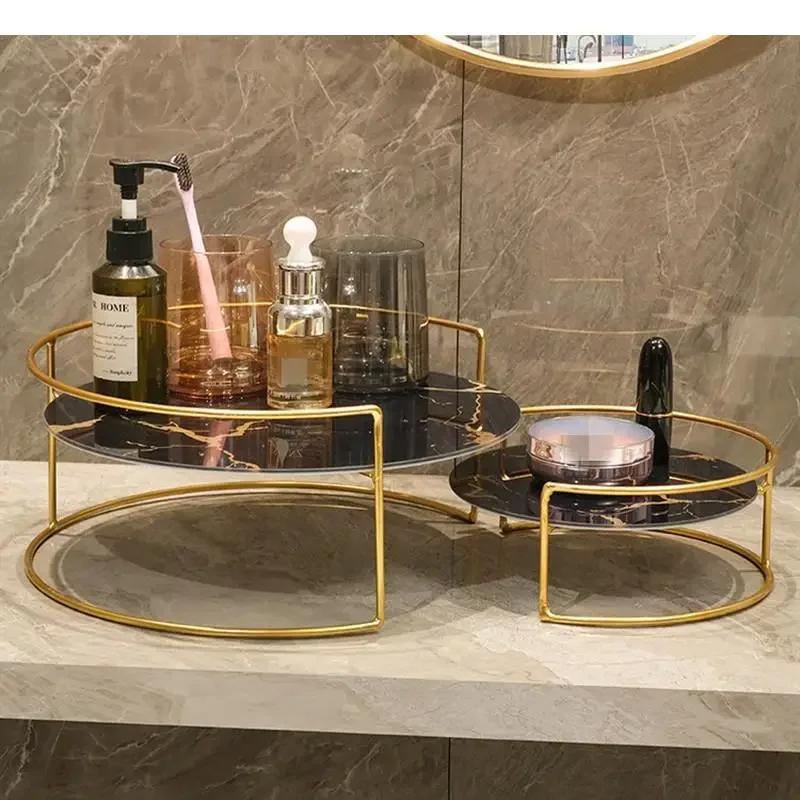 Vassoio in Vetro Marmorizzato Metallico Set da 2 Pezzi Scaffale Decorativo Portaoggetti Organizer da Scrivania Scaffale per Cosmetici Espositore Scaffali per Bagno