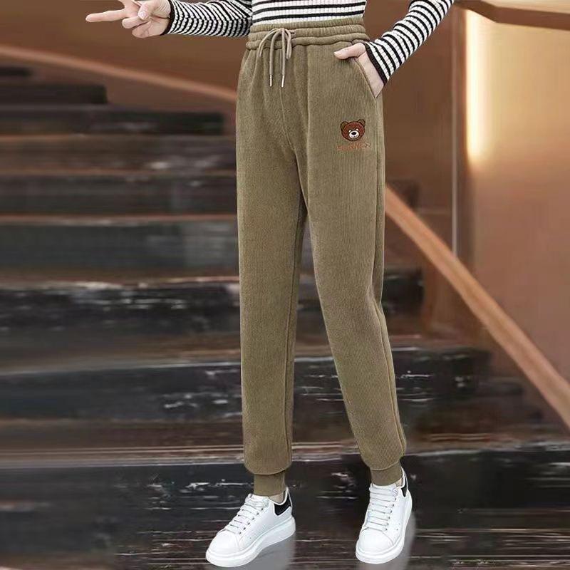 Women's Thickened Corduroy High-waisted Active Pants Autumn Winter Casual Pull-string Elastic Waist Straight-leg Trousers
