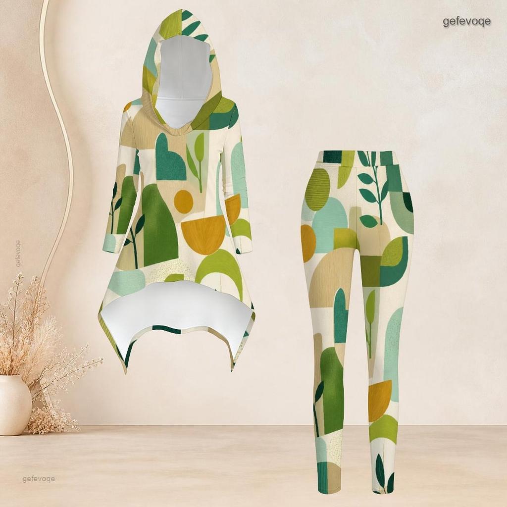 Women Plus Size Geometric Printed Hooded Long Sleeve High Low Top Fitted Pants Set