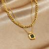 Gold Double Layer Chain Necklace with Black Square Enamel Pendant for Women