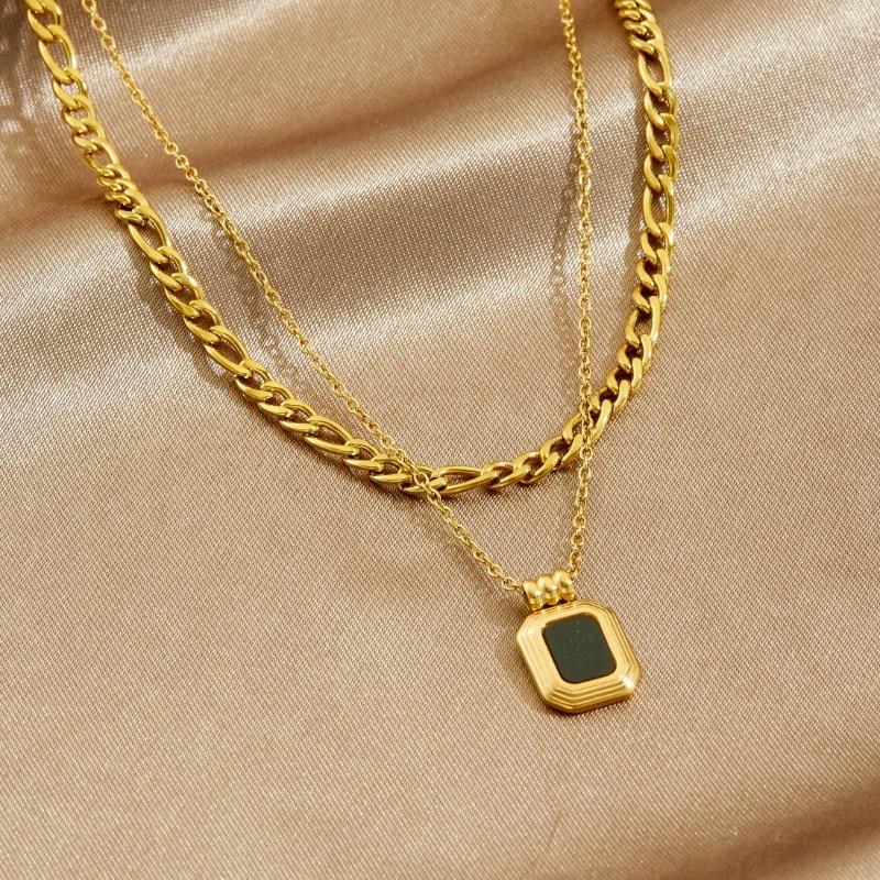 Gold Double Layer Chain Necklace with Black Square Enamel Pendant for Women