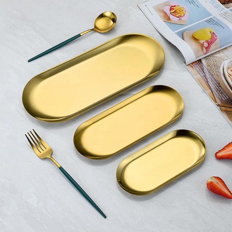Gold/Silver Oval Decorative Tray Jewelry Tray Towel/Vanity Tray Dish Plate Tray Tea Fruit Storage Trays Cosmetics Jewelry Organizer