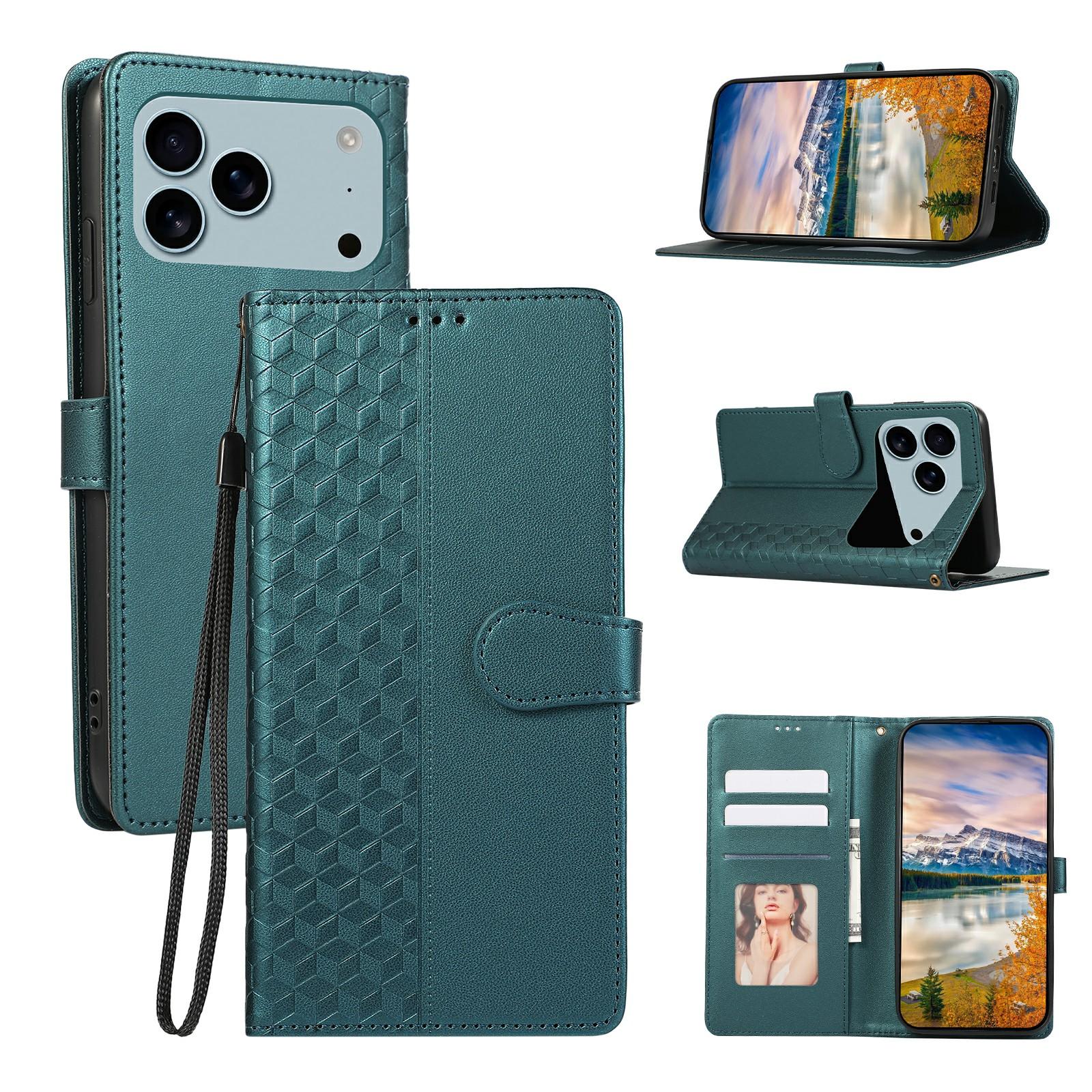 

For iPhone 17 Pro Max Case 3D Rhombus Grid Imprinted Wallet Leather Phone Cover with Lanyard Green