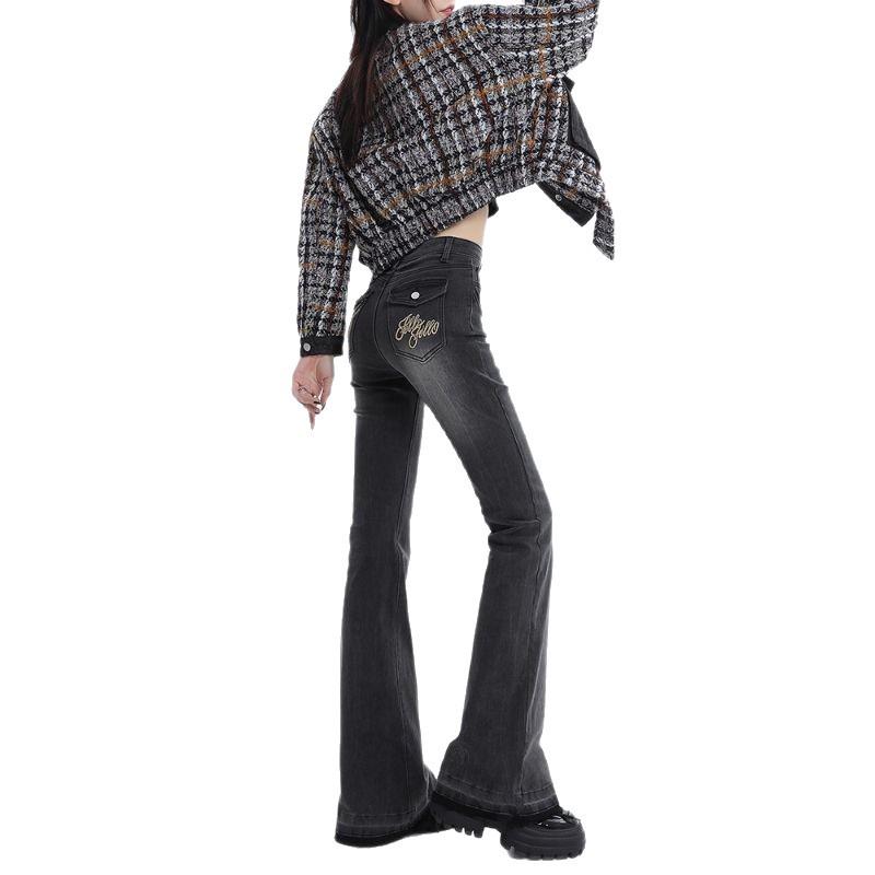 Women's Black & Grey Embroidered High-Waisted Micro-Flare Jeans, Slimming Stretch Bootcut Pants for Autumn 2025.