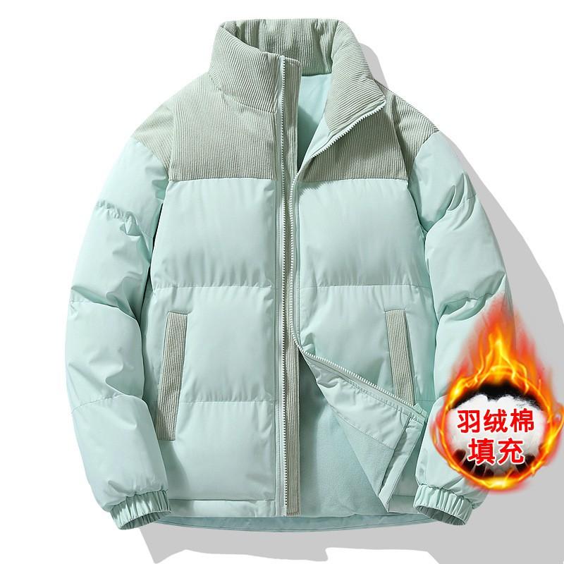 Mens Winter Warm Thick Cotton Puffer Jacket With Hood Color-Block Design Faux Fur Trim Loose Fit Casual Outdoor Wear