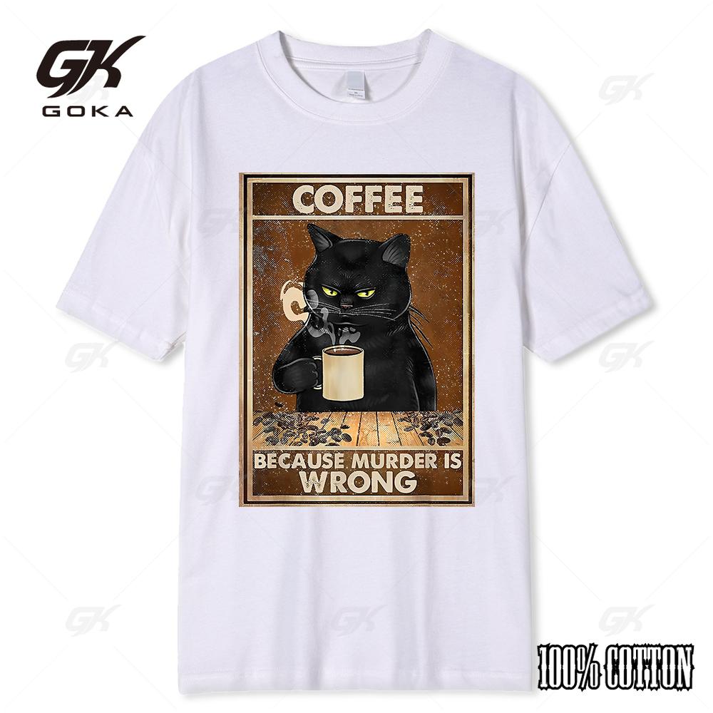 Coffee Because Murder Is Wrong Black Cat Drinks Cotton Funny T-Shirt Oversized Hip Hop Tops Vintage Tee Short Sleeves for Men