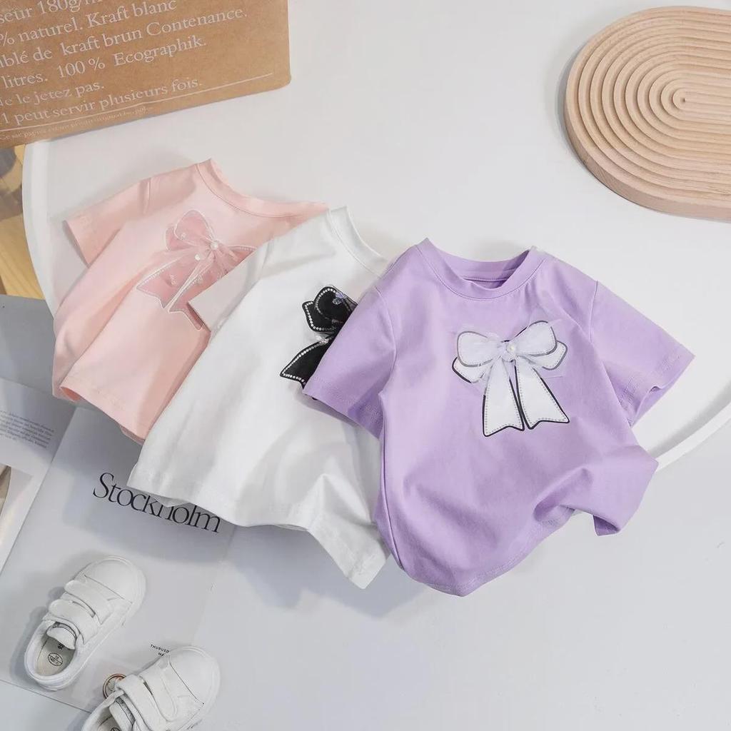 Girls' Korean-Style Short-Sleeve Princess Tops with 3D Bowknot