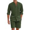 Men's Summer Polyester Two-Piece Set Long Sleeve Button-Up Shirt and Shorts for Casual Beachwear