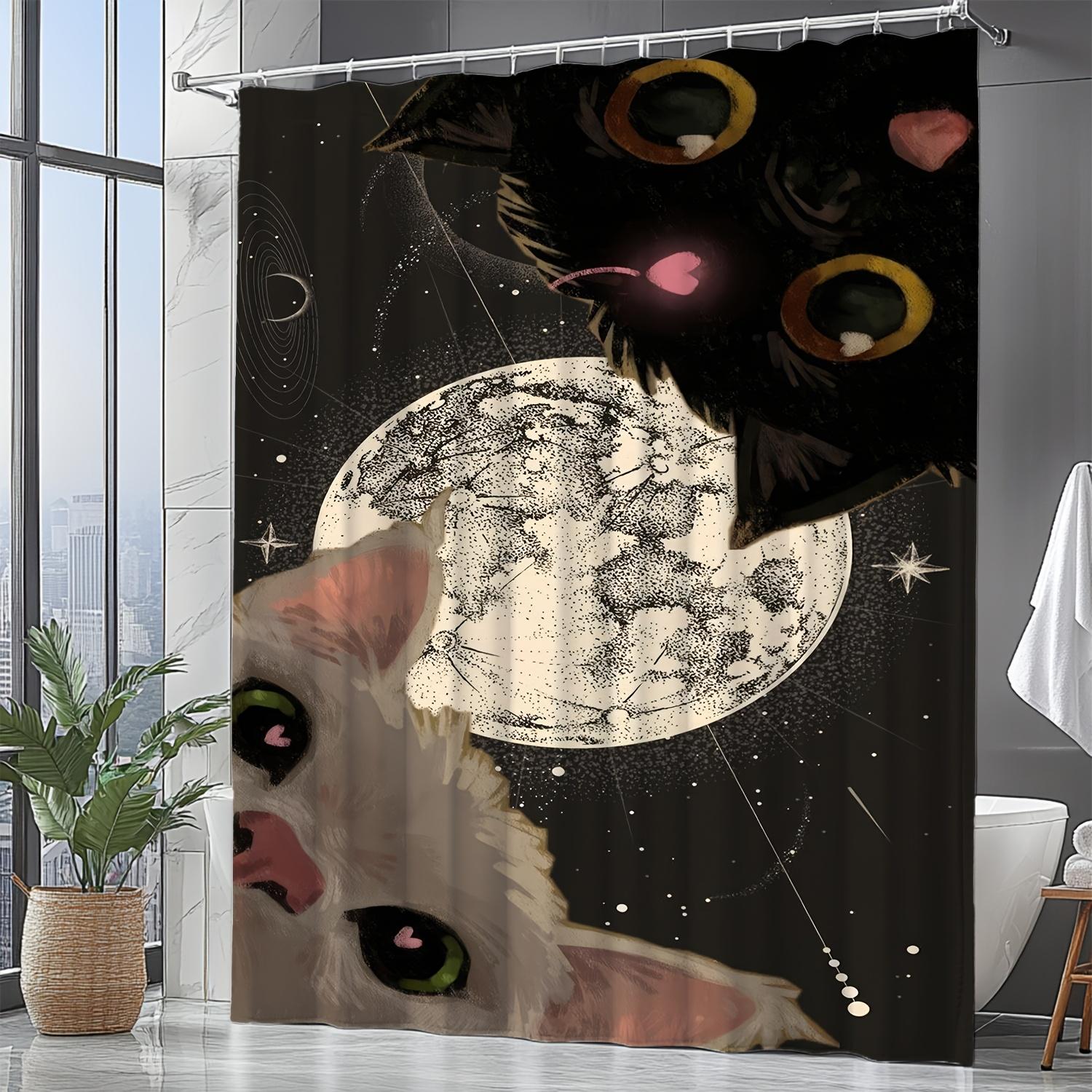 

1Pc Cute Cats Shower Curtain - Black Background With Fluffy Cats, Machine Washable Polyester Bathroom Decor For Modern, Minimali W60H190(CM)-1 Pcs