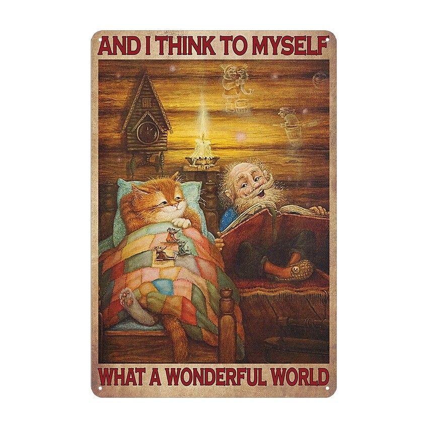 

Жестяная живопись: Старик и кошка в саду - Идеально для дворов, балконов, баров, магазинов молочного чая. Декорирование стен 20x30cm белый